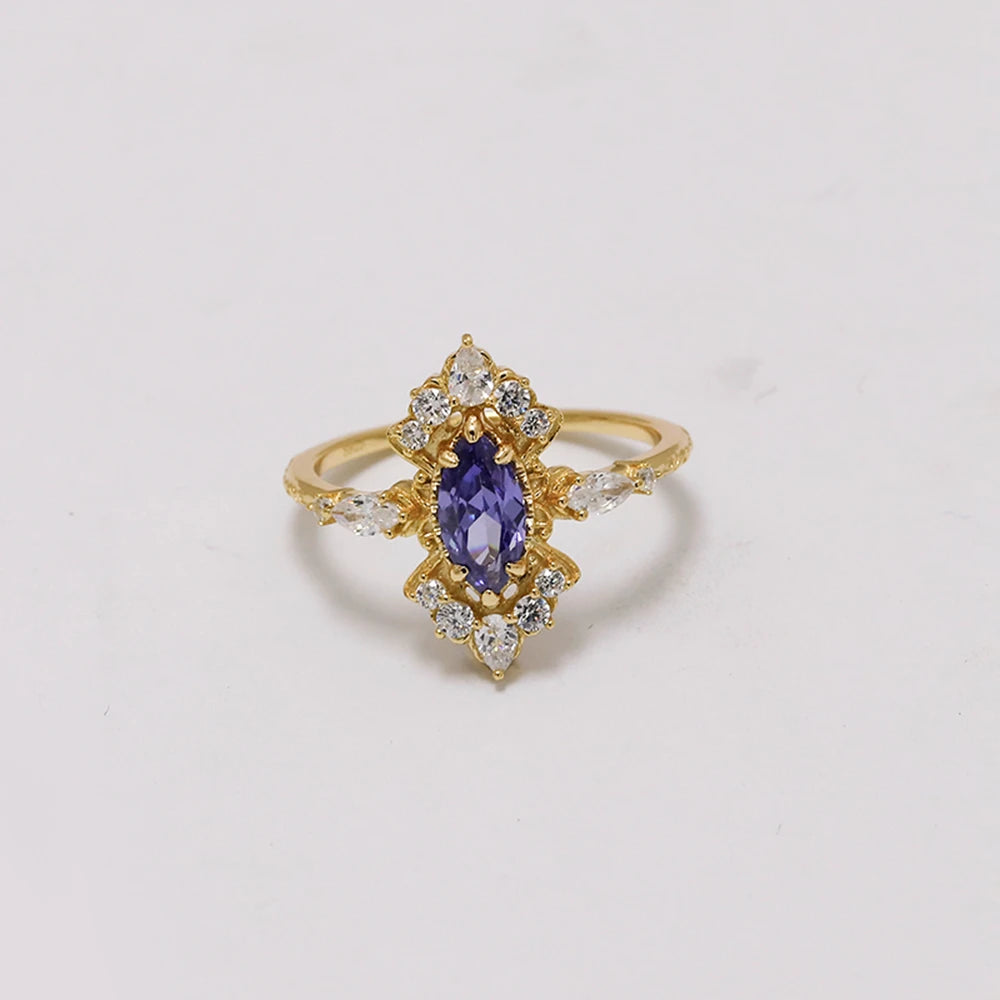 Emotional Factory 925 Sterling Silver 14K Gold Plated Gemstone Retro  Cz Flower Blue Tanzanite Zircon Ring