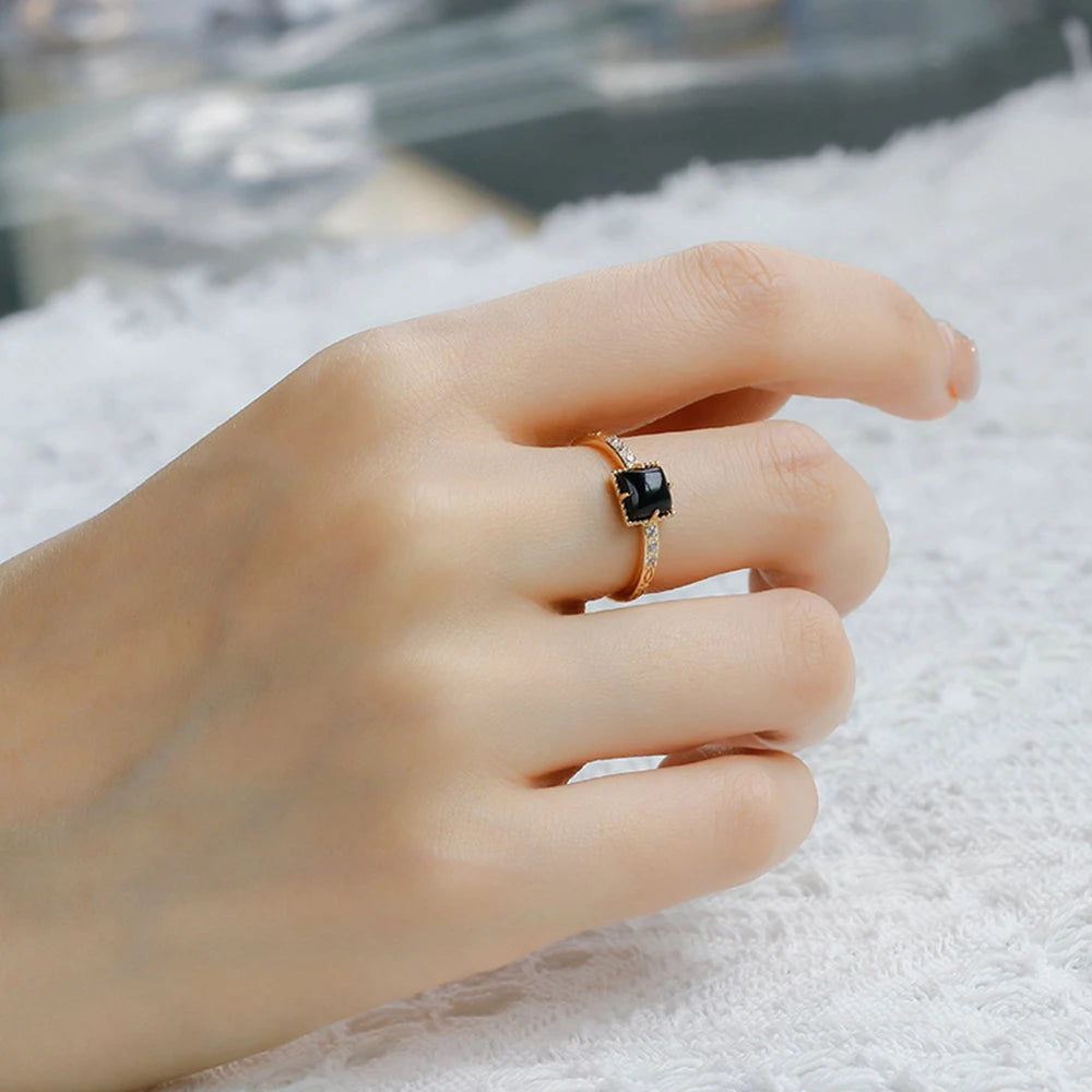 925 Sterling Silver 14K Gold Plated Gem Stone Gemstone Retro Cz Zircon Earrings Geometric Square Black Agate Carnelian Onyx Ring