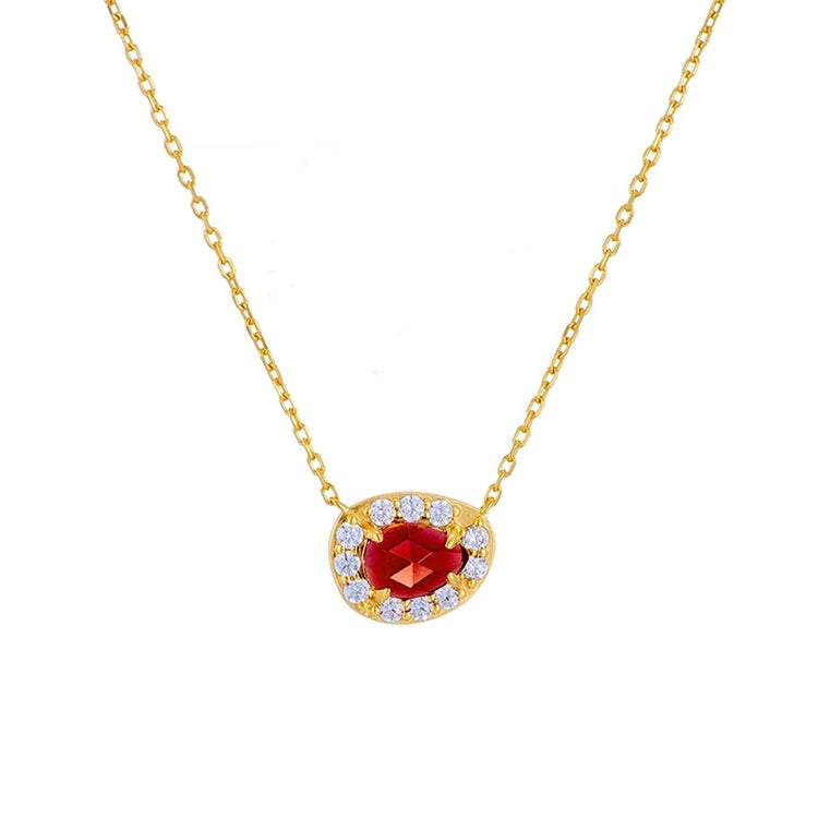 Emotional Factory 925 Sterling Silver 14K Gold Plated Gemstone Red Garnet Zircon Egg Shape Necklace