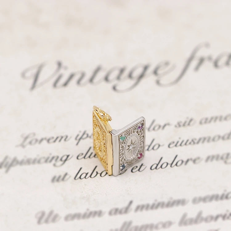 925 Sterling Silver 14K Gold Plated Gemstone Magic Book Natural Ruby Sapphire Emerald Lockets Pendant Necklace