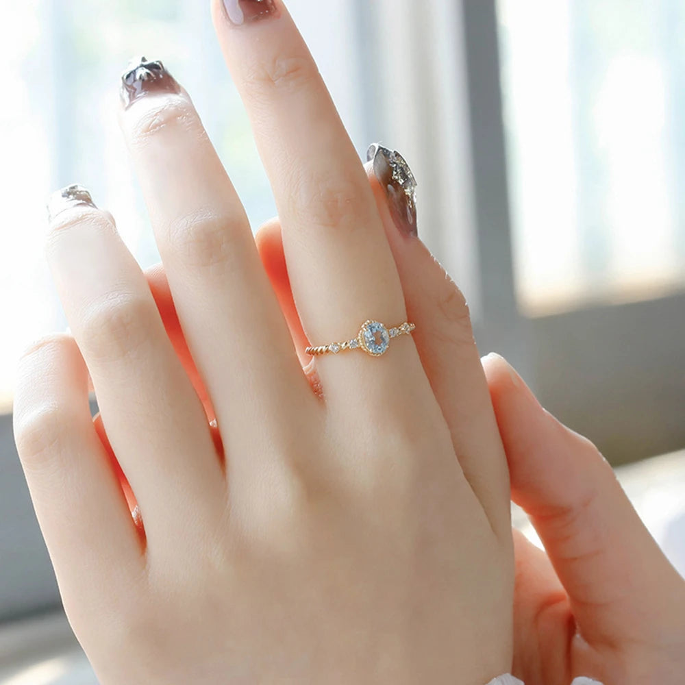 Emotional Factory 925 Sterling Silver 14K Gold Plated Natural Stone Gemstone Grain White Zircon Sky Blue Topaz Ring