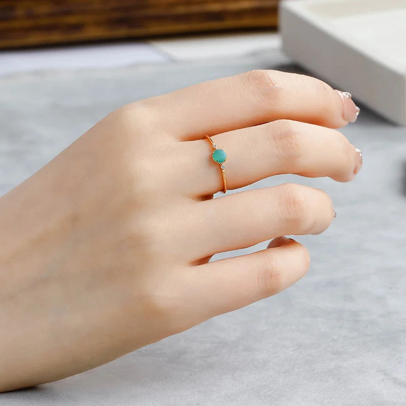 Factory 925 Sterling Silver 14K Gold Plated Gem Stone Gemstone Retro Cz Zircon Round Stone Amazonite White Rock Crystal Ring