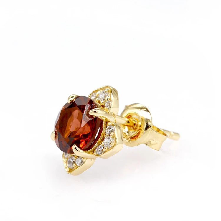 Emotional Factory 925 Sterling Silver 14K Gold Plated Gemstone Red Garnet Petal Shaped Cz Earrings