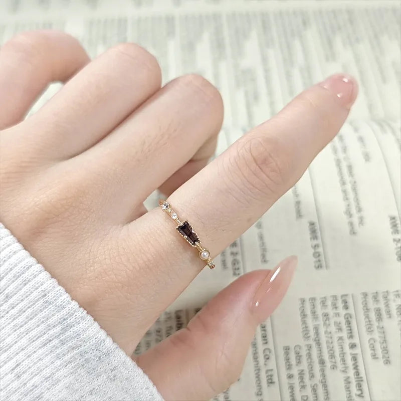 Factory 925 Sterling Silver 14K Gold Plated Gemstone Cz Geometric Trapezoid Natural Freshwater Pearls Brown Zircon Ring