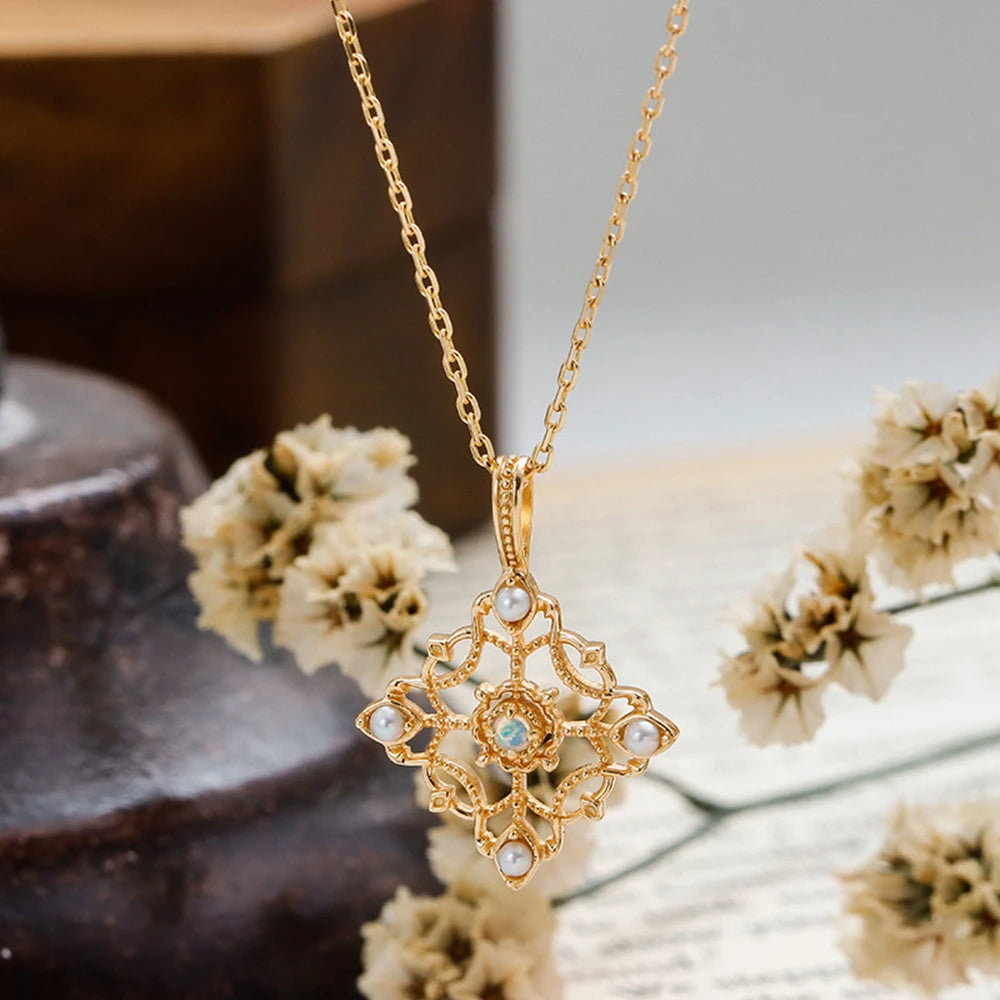 925 Sterling Silver 14K Gold Plated Gem Stone Gemstone Retro Hollow Camellia Vintage Medieval Pearl Opal Flower Delicate Pendant