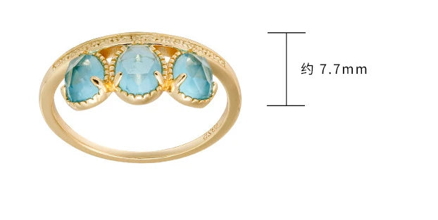 Emotional Factory 925 Sterling Silver 14K Gold Plated Gemstone Vintage Blue Rose Cut Grass 3 Stone Ring