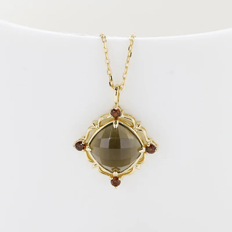 Emotional Factory 925 Sterling Silver 14K Gold Plated Gemstone Retro Geometric Circle Garnet Tea-Coloured Citrine Necklace