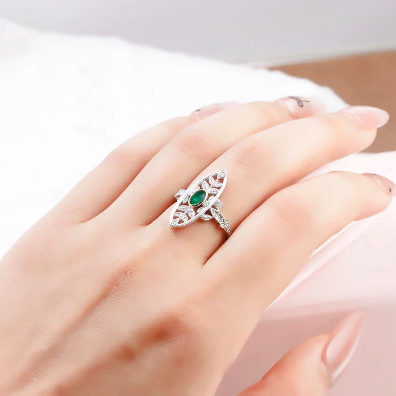 Emotional Bijou Factory 925 Sterling Silver 14K Gold Plated Gemstone Retro Cz Zircon Hollow Leaf Chrysoprase Ring