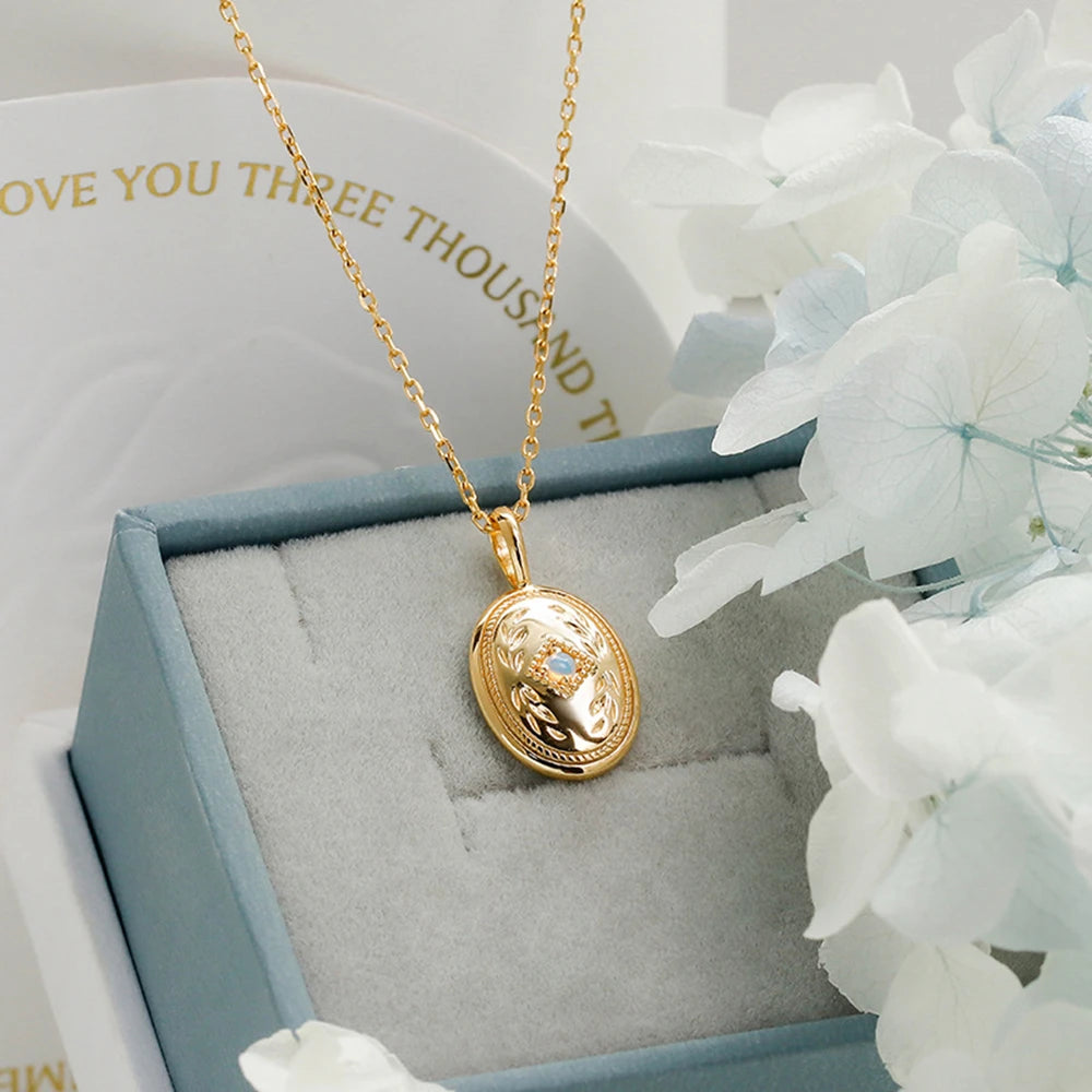 925 Sterling Silver 14K Gold Plated Gem Stone Gemstone Geometric Egg Shape Opal Oval Badge Sculpted Leaf Pendant