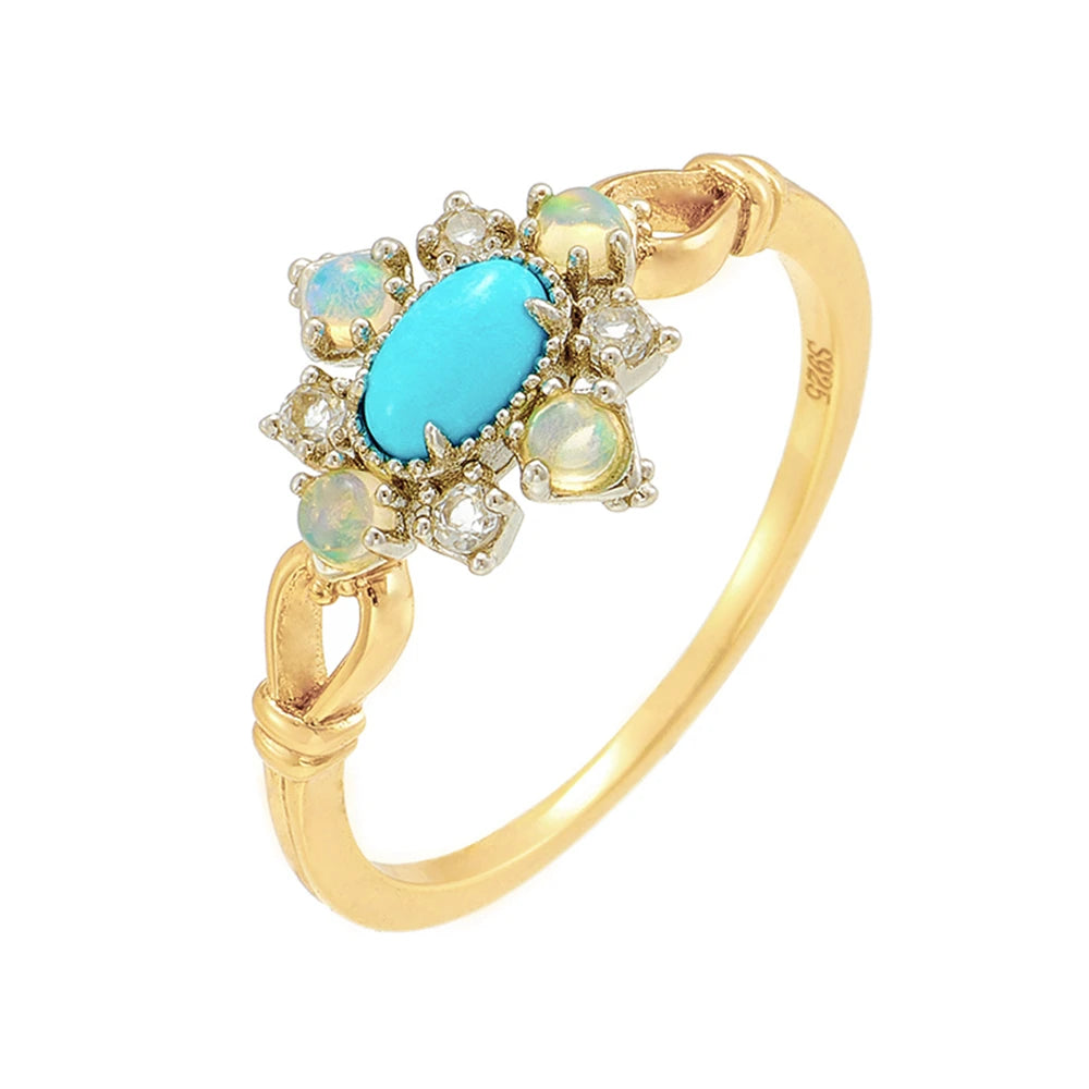 Gem Vintage Anemone Rhombus Natural Turquoise Opal Topaz Ring