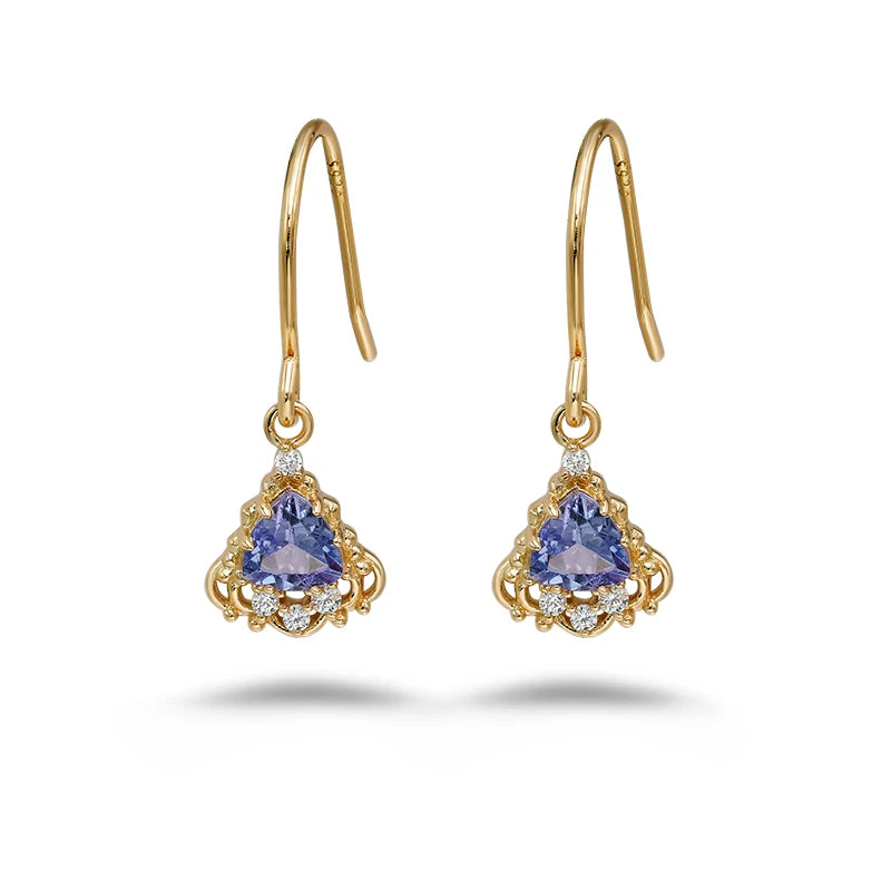 Chic S925 Sterling Silver 14K Gold Plated Earrings with Tanzanite CZ Zircon Fine Jewelry