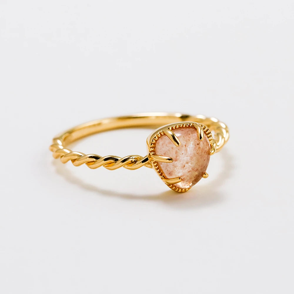 Emotional Factory 925 Sterling Silver 14K Gold Plated Gemstone Twist Heart Strawberry Quartz Ring