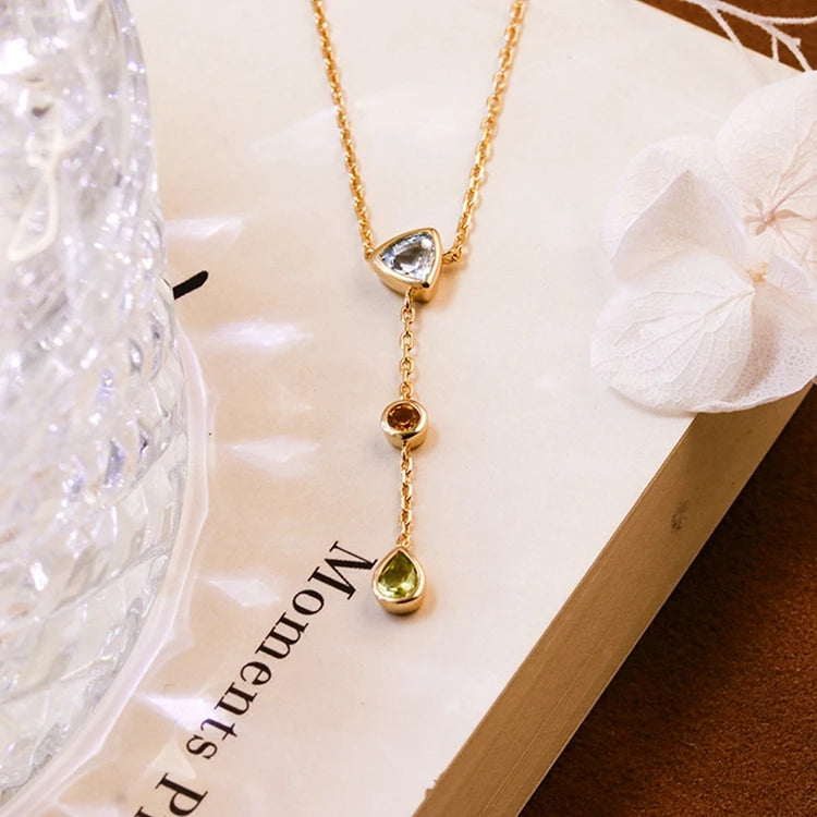 925 Sterling Silver 14K Gold Plated Gem Stone Gemstone Geometric Triangular Round Drops Sky Blue Topaz  Citrine Peridot Necklace