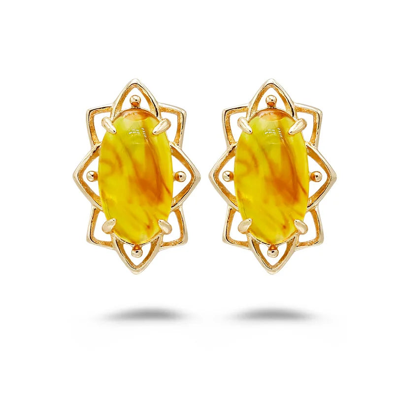 Emotional Factory 925 Sterling Silver 14K Gold Plated Gemstone Flowers Sun  Shaped Synthetic Amber Earrings