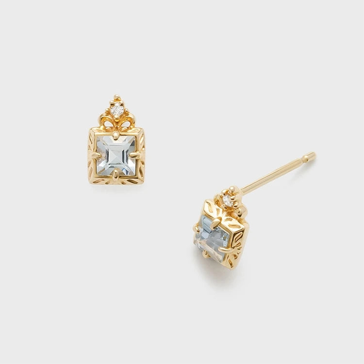 Emotional Factory 925 Sterling Silver 14K Gold Plated Gemstone Simplicity Zircon Geometric Square Aquamarine Earrings