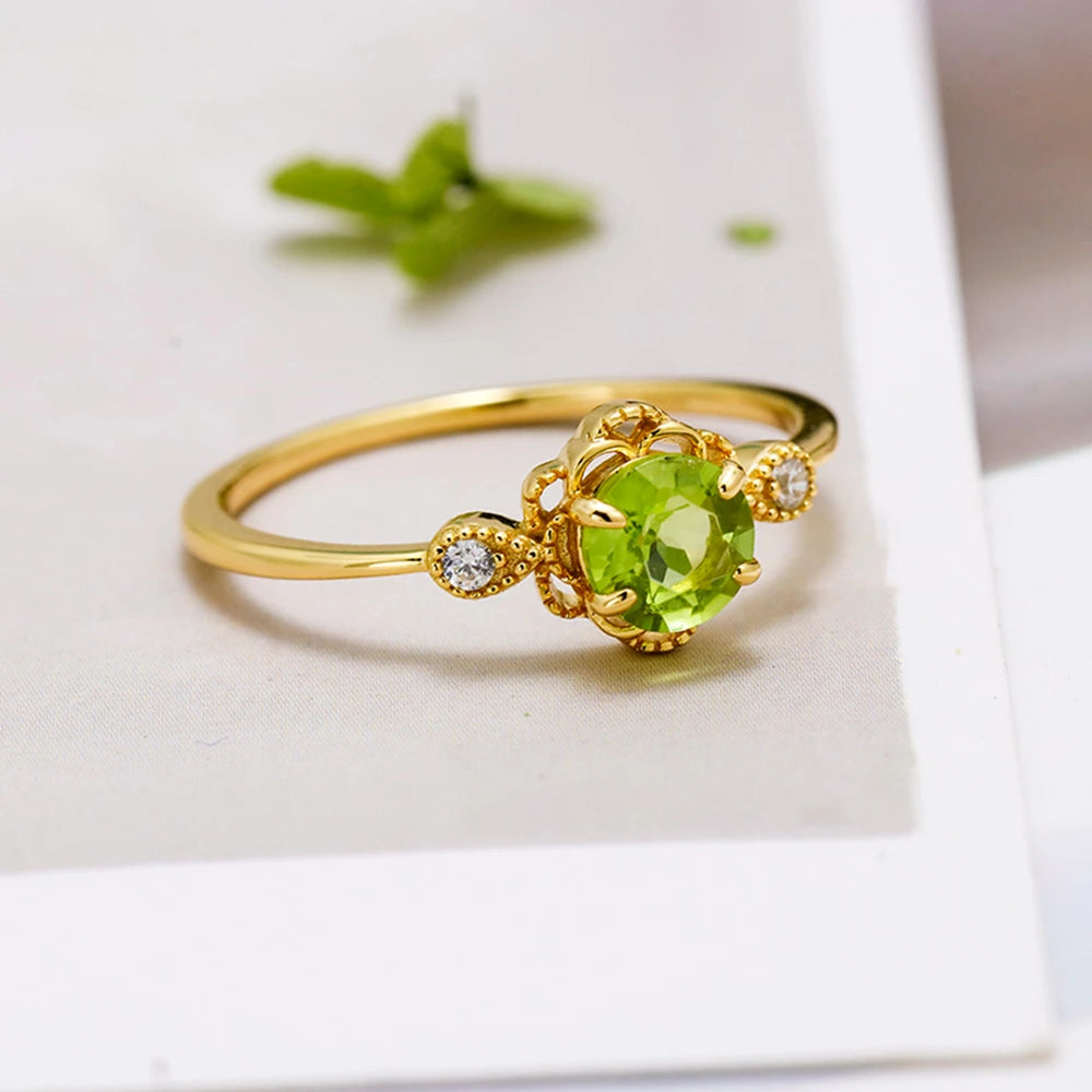 Emotional Factory 925 Sterling Silver 14K Gold Plated Gemstone Retro Cz Zircon Flower Sun Peridot Ring