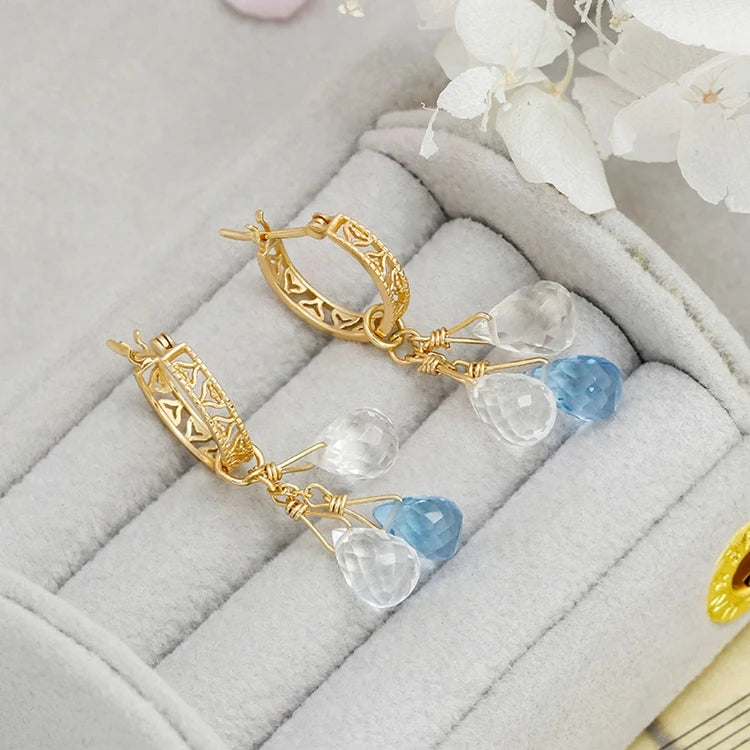 Emotional Factory 925 Sterling Silver 14K Gold Plated Gemstone Bead Pendant Blue topaz Stone Earrings