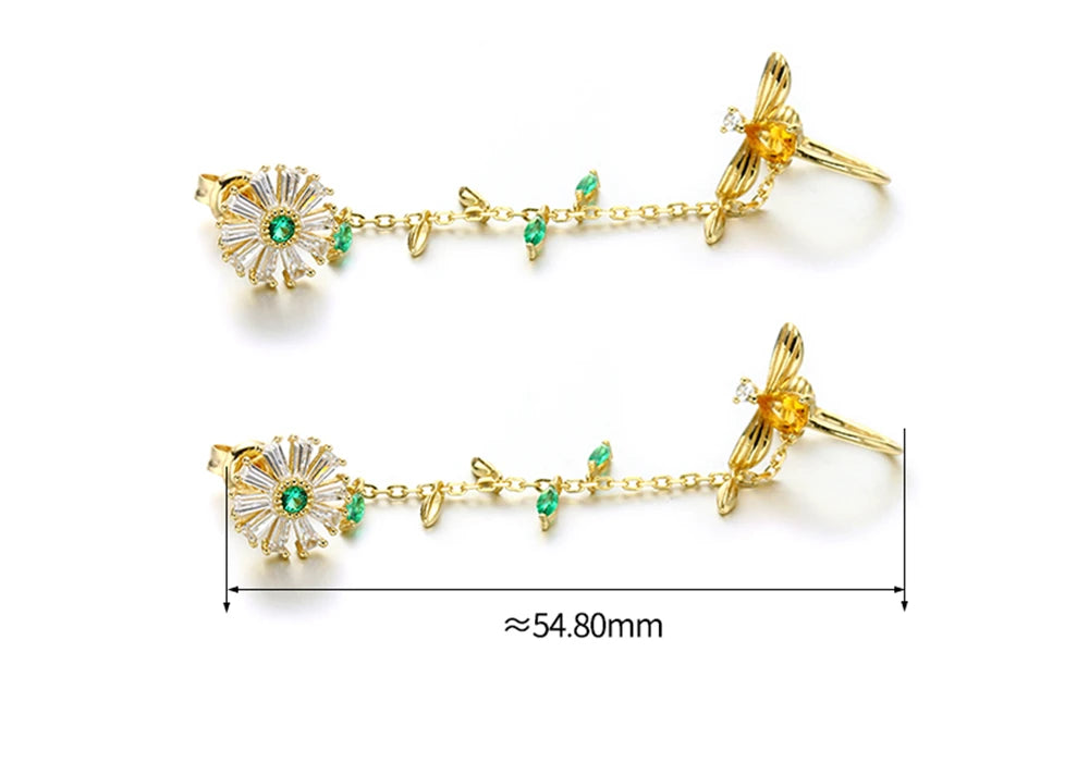 Emotional Factory 925 Sterling Silver 14K Gold Plated Gemstone Animal Series Single Bee Daisy  Citrine Stud Earrings