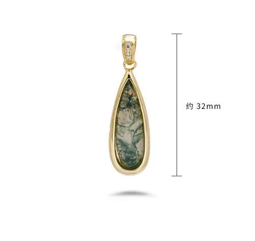 Factory 925 Sterling Silver 14K Gold Plated Gemstone Middle Ages Vintage Style Geometric Strip Drops Moss Agate Pendant