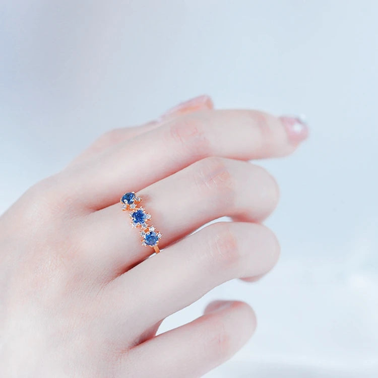 925 Sterling Silver 14K Gold Plated Gemstone Deep Space Blue Zircon 3 Zircon Sandblasting Process Ring