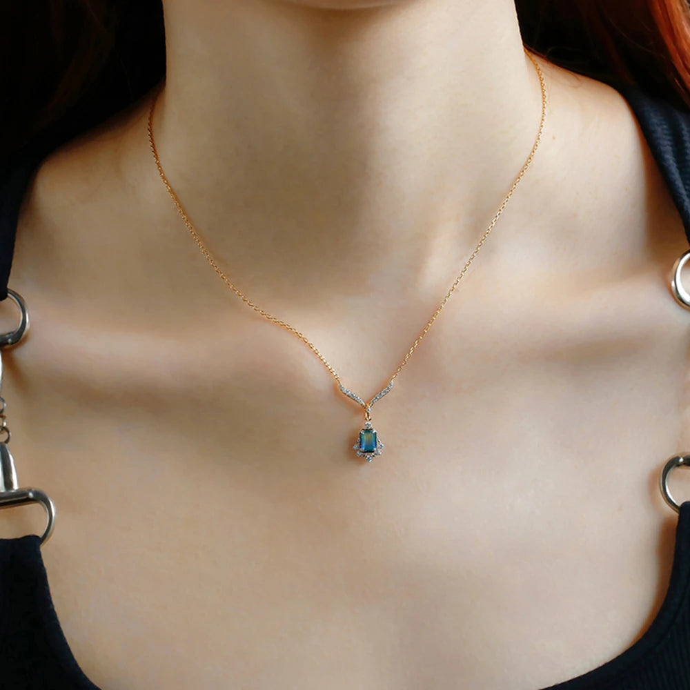 925 Sterling Silver 14K Gold Plated Gemstone Geometrical Dreams Galactic Star Fantasy Blue-Green Quartz Stone Necklace