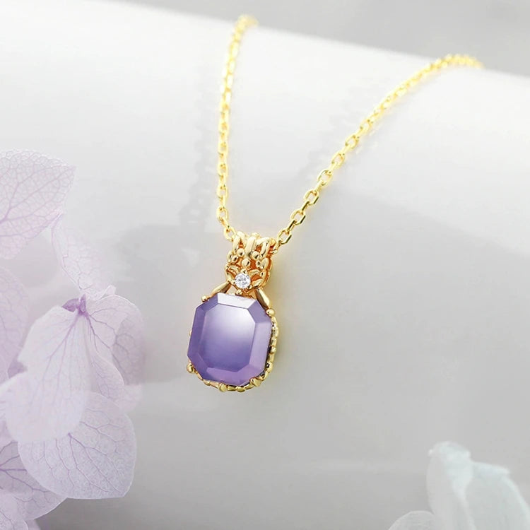 925 Sterling Silver 14K Gold Plated Gemstones Christmas Limited Happiness Olive Leaf Vintage Square Amethyst Necklace