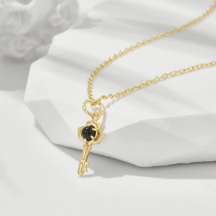 Emotional Factory 925 Sterling Silver 14K Gold Plated Gemstones Custom Gem Jewelry Natural Black Onyx Key Pendant Necklace