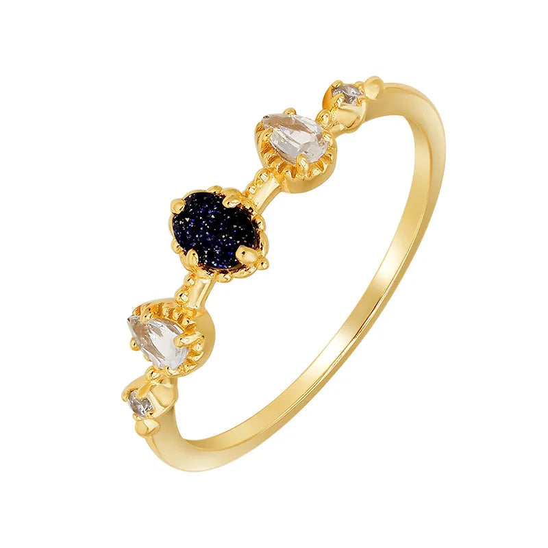 Emotional Factory 925 Sterling Silver 14K Gold Plated Gemstone Zircon Drop Topaz Night Sky Stars Blue Aventurine Ring