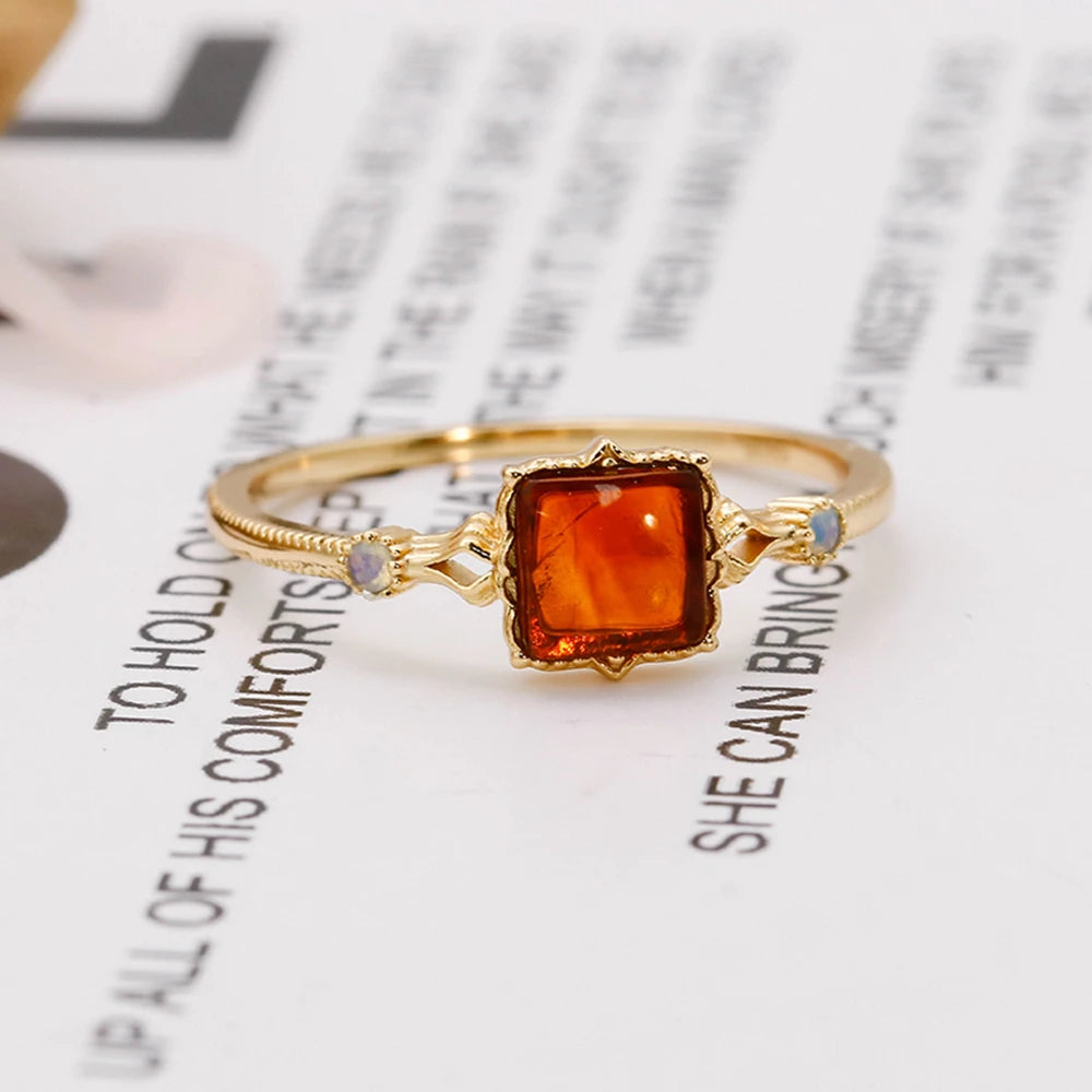 925 Sterling Silver 14K Gold Plated Gemstone Vintage Courtly Style Ring Opal  Artificial Amber Rings