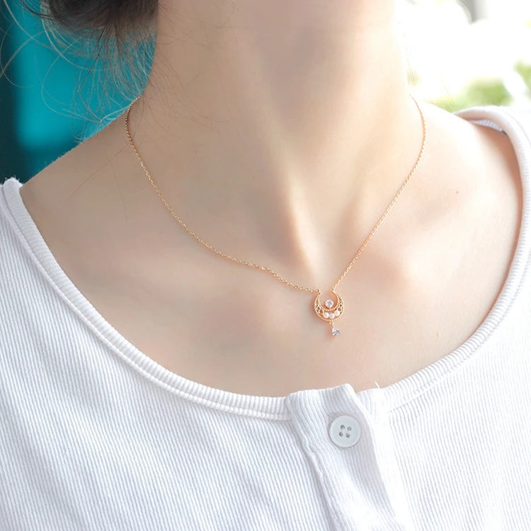 925 Sterling Silver 14K Gold Plated Gemstone Crescent Natural Freshwater Pearls Moonstone Necklace