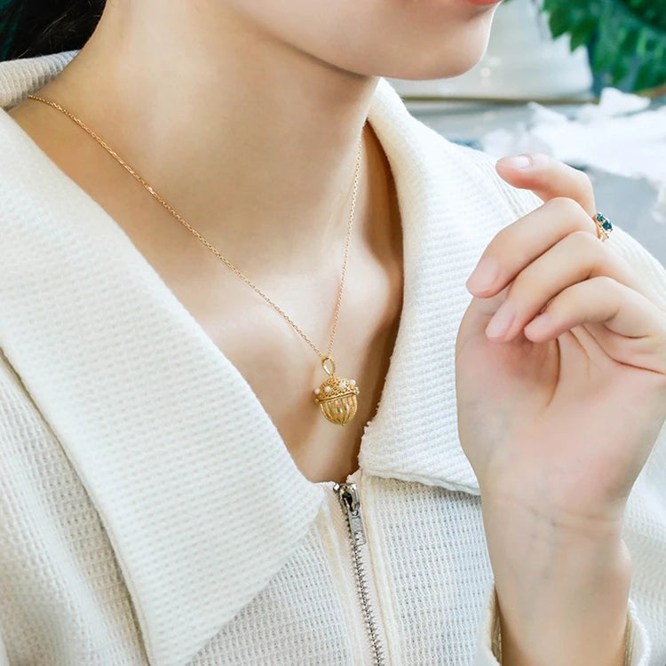 Emotional Factory 925 Sterling Silver 14K Gold Plated Gemstones Cute Acorn Seed Openable Freshwater Pearl Cage Necklace