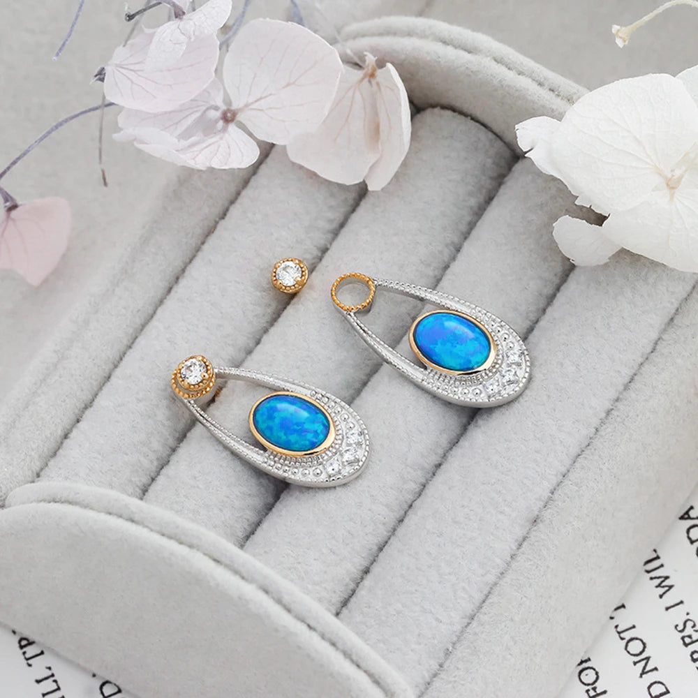 925 Sterling Silver 14K Gold Plated Gem Stone Retro Hollow Vintage British Style Artificial Opal Combination Stud Earrings
