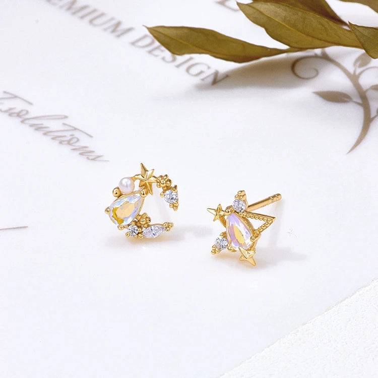 Emotional Factory 925 Sterling Silver 14K Gold Plated Gemstone Blue Quartz Stone Moon Star Earrings