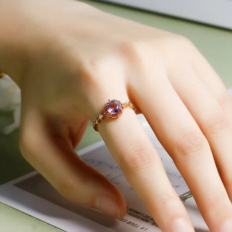 Emotional Factory 925 Sterling Silver 14K Gold Plated Gem Stone Gemstone Retro  Cz Zircon Flower Light Amethyst Ring