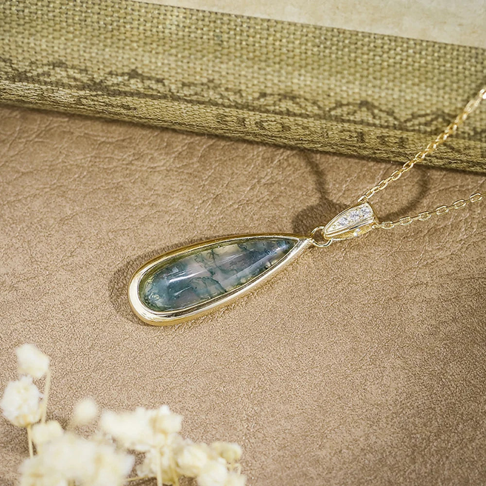 Factory 925 Sterling Silver 14K Gold Plated Gemstone Middle Ages Vintage Style Geometric Strip Drops Moss Agate Pendant