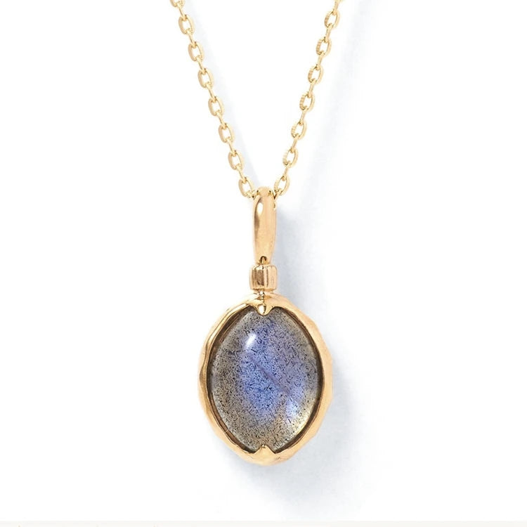 Emotional Factory 925 Sterling Silver 14K Gold Plated Gemstone Round Stone Egg Shape Natural Labradorite Pendant Necklace