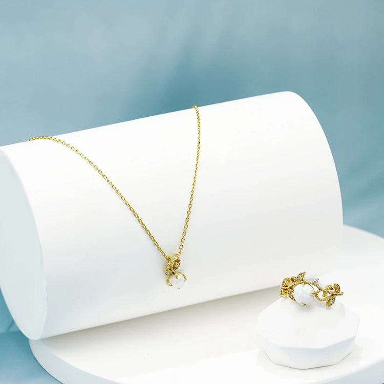 925 Sterling Silver 14K Gold Plated Gemstone Round Gem Stone Leaves Synthetic Opal Necklace