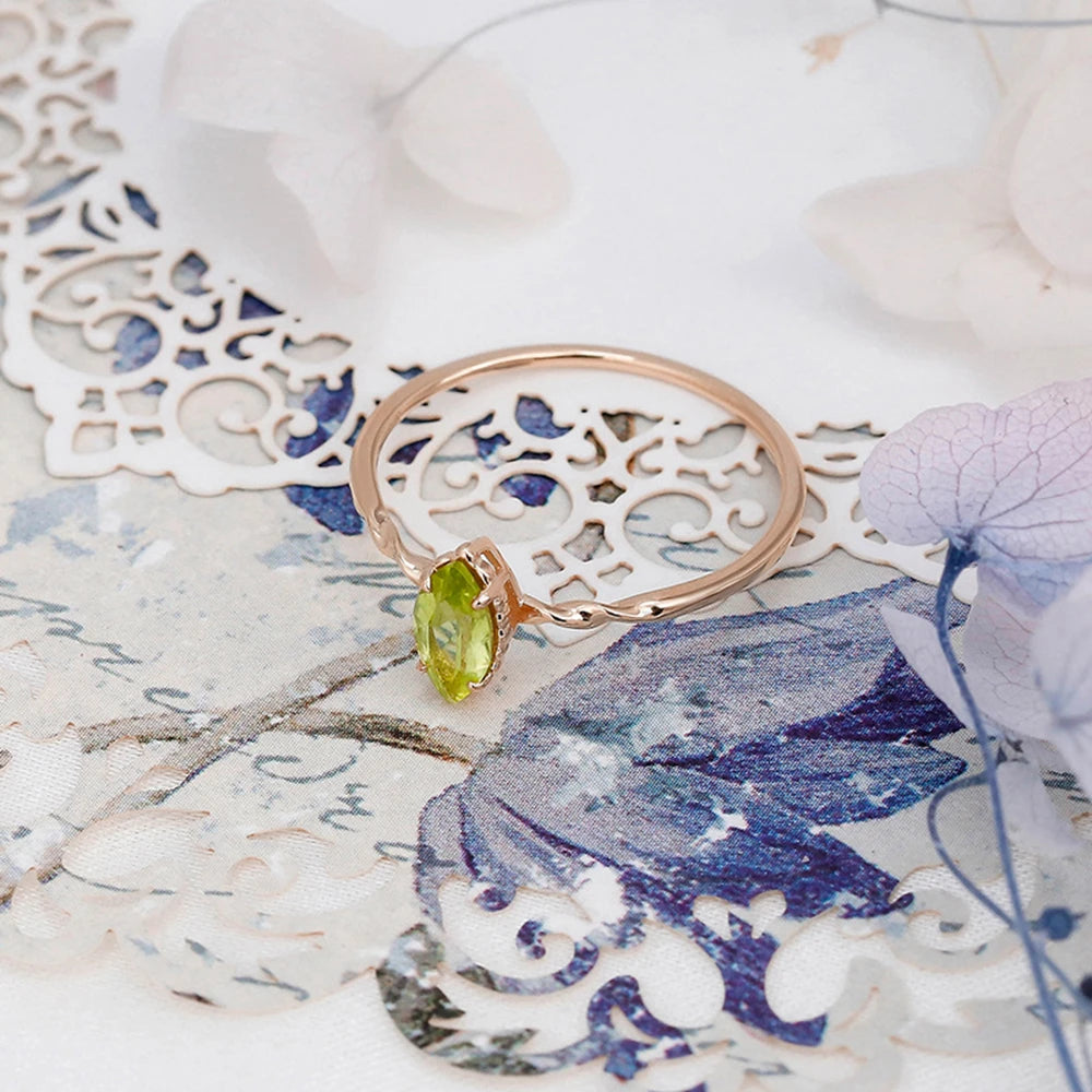 925 Sterling Silver 14K Gold Plated Natural Stone Gemstone Vintage Simplicity Drop Green Peridot Ring With Natural Stone