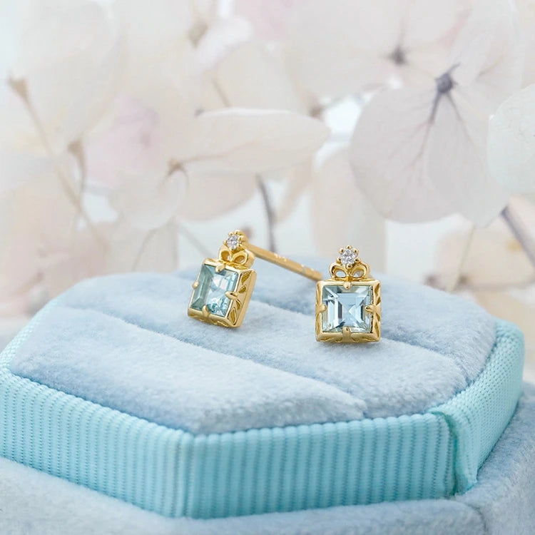 Emotional Factory 925 Sterling Silver 14K Gold Plated Gemstone Simplicity Zircon Geometric Square Aquamarine Earrings
