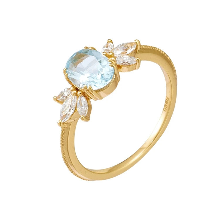 Emotional Factory 925 Sterling Silver 14K Gold Plated Gemstone Zircon Butterfly Shaped Sky Blue Natural Topaz Ring
