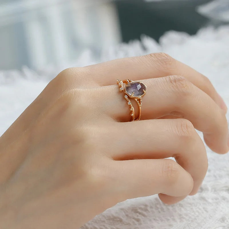 925 Sterling Silver 14K Gold Plated Gem Stone Night Sky Shooting Star Shaped Labradorite Cordierite Iolite Dichroite Ring