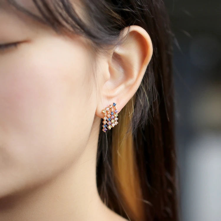 Emotional Factory 925 Sterling Silver 14K Gold Plated Gemstone Rainbow Yellow Red Blue Tassel Stud Earrings