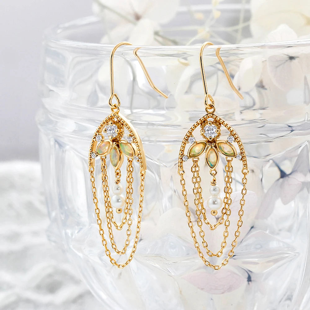 Leaf Tassels African Opal Earrings