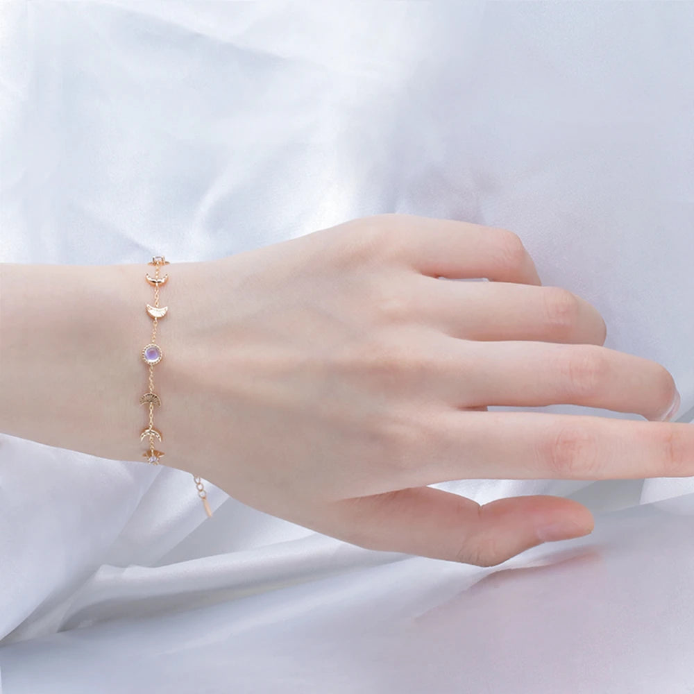 Emotional Pulsera De Cuarzo 925 Sterling Silver Gold Plated Gemstone Series Hammered Moonstone Zircon Round Moon Star Bracelet