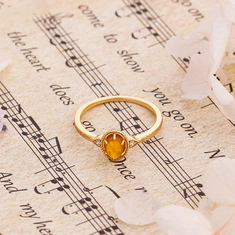 Emotional Factory 925 Sterling Silver 14K Gold Plated Gem Stone Gemstone Vintage Oval Amber Twig Rig Carved Zirconia Ring