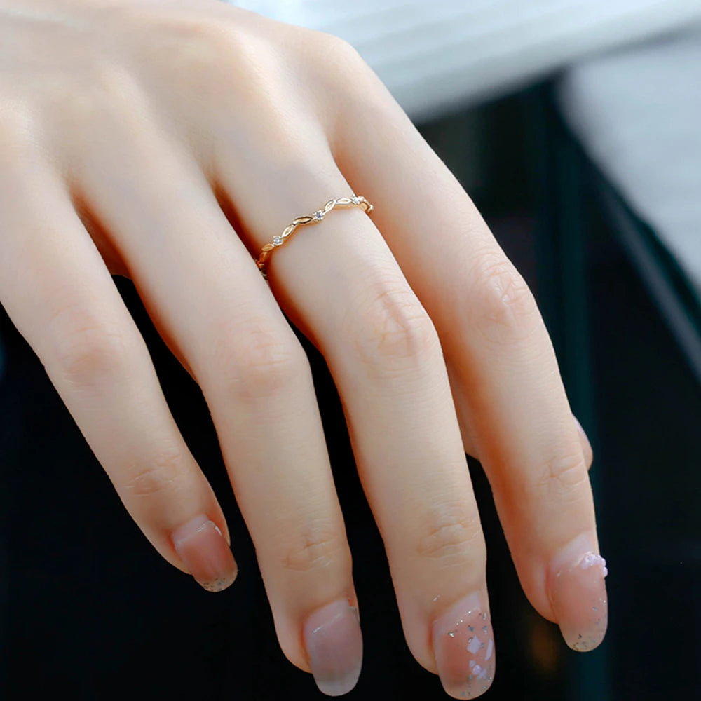 925 Sterling Silver 14K Gold Plated Gemstone Spring Element Style Leaf White Zircon Ring