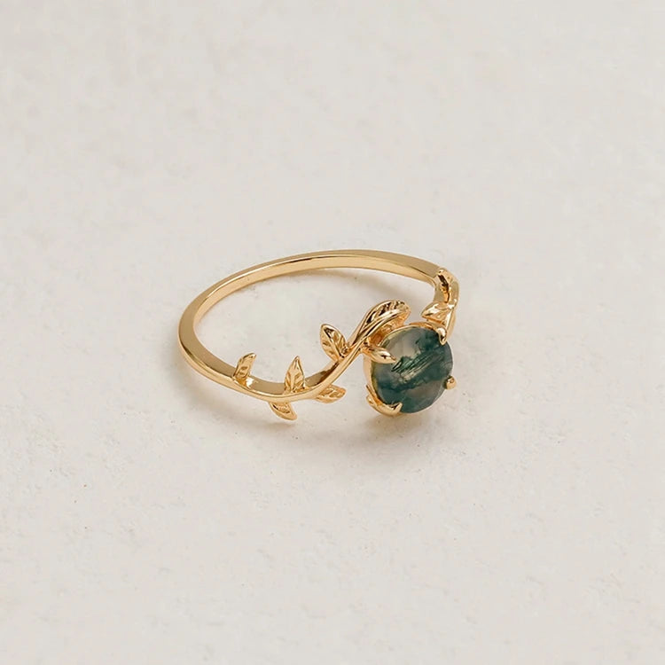 Emotional Joyeria	 Factory 925 Sterling Silver 14K Gold Plated Gem Stone Gemstone Leaf Vine Moss Agate Amethyst Ring