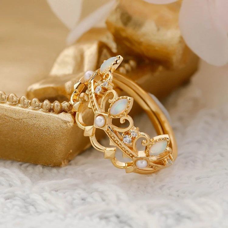 Emotional Factory 925 Sterling Silver 14K Gold Plated Gemstone Vintage Pearls Crown Opal Combination Ring