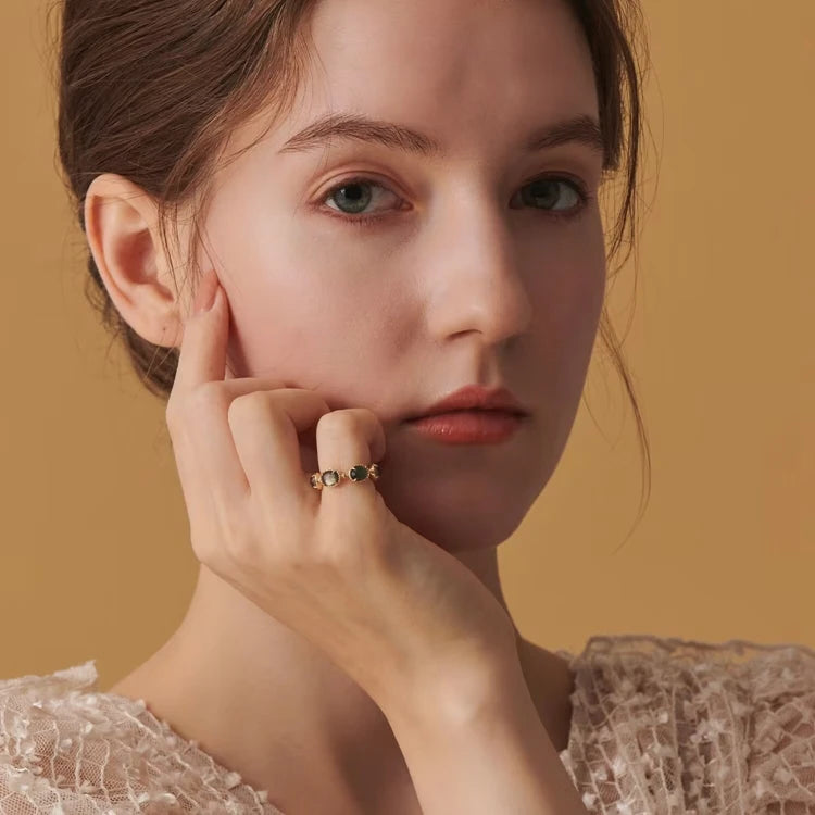 Emotional Factory 925 Sterling Silver 14K Plated Gemstone Gold Abalone Shell Hoop Rock Crystal Ring