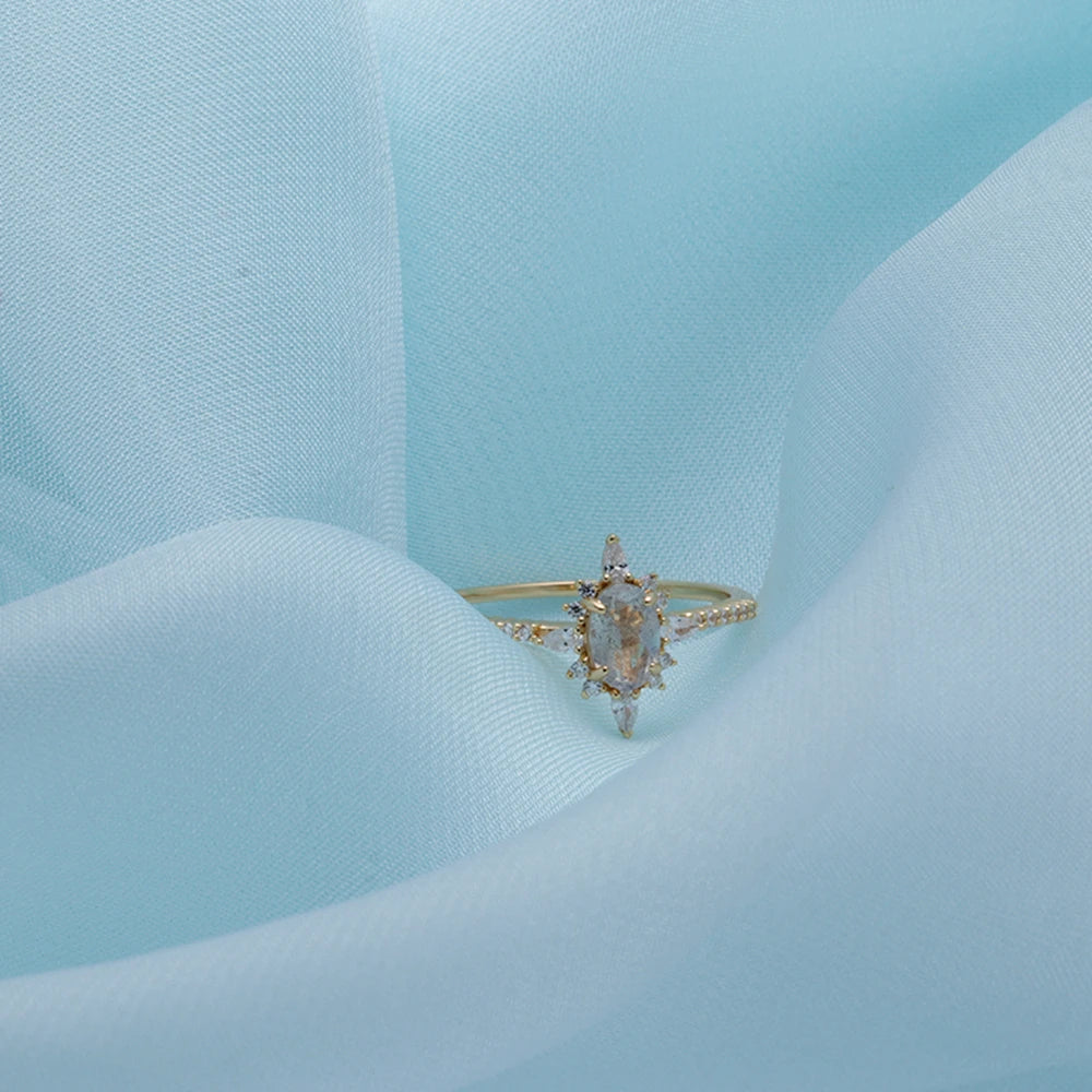925 Sterling Silver 14K Gold Plated Gemstone Labradorite White Aaa Zircon Moon Star Ring